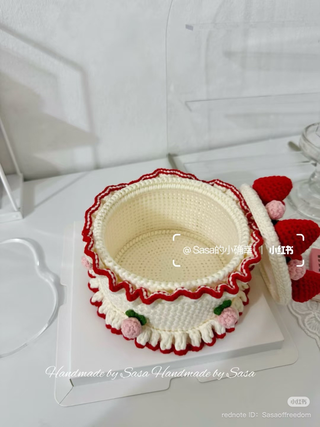 Crochet Strawberry Cake Chart with Red and White Yarn