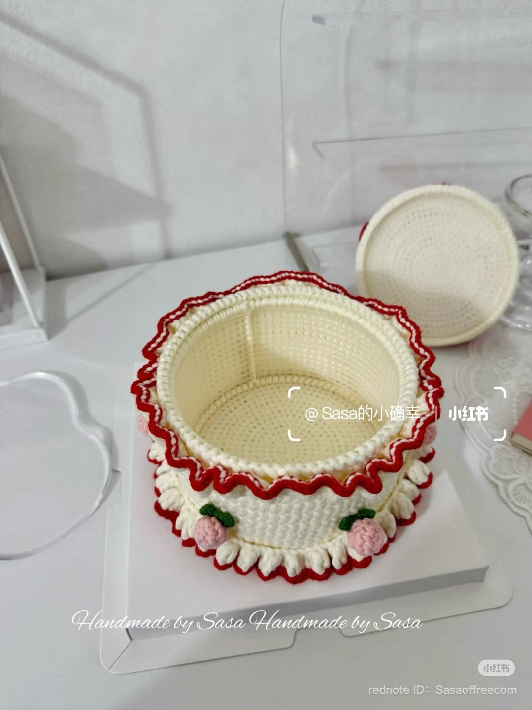 Crochet Strawberry Cake Chart with Red and White Yarn