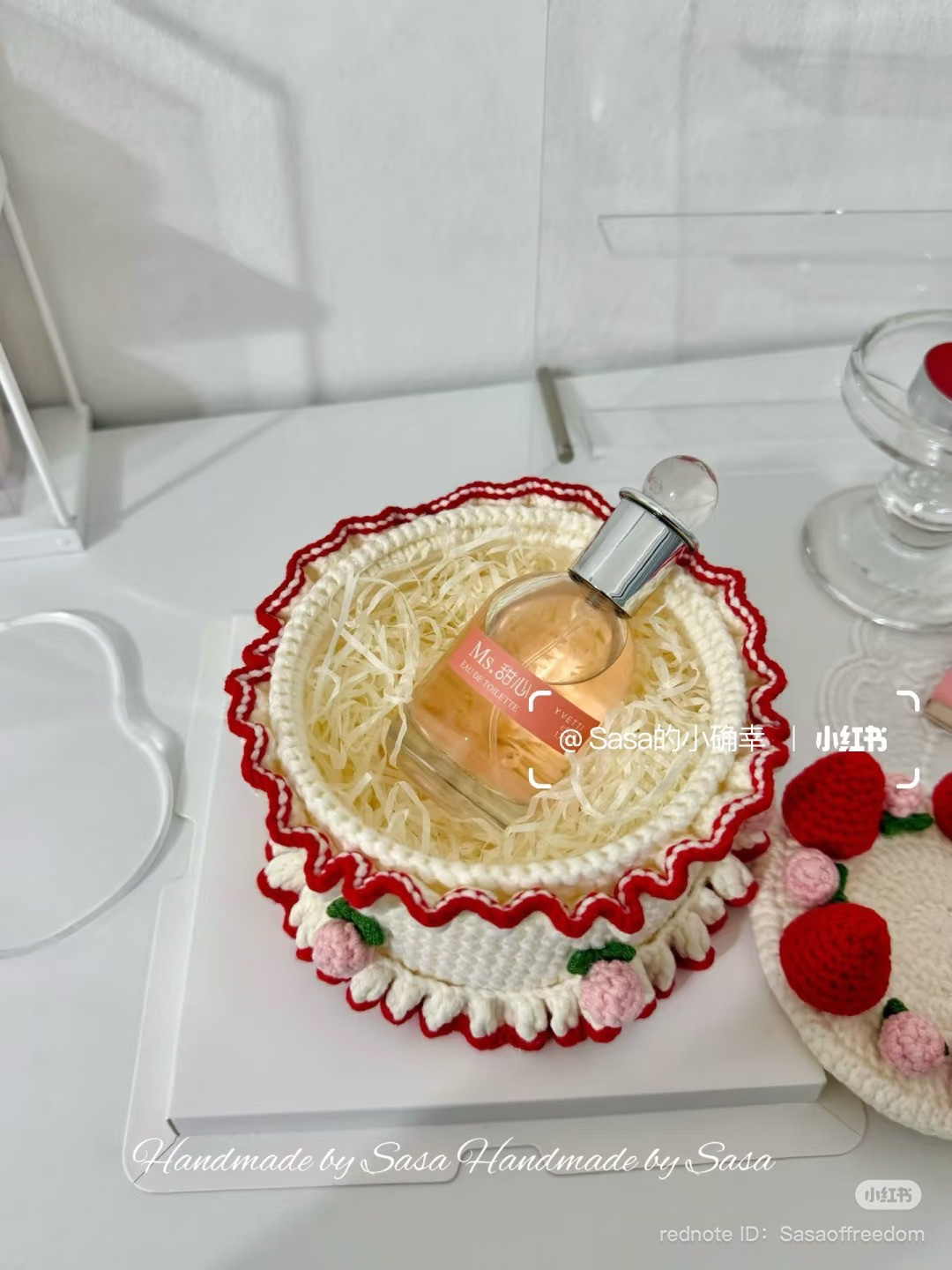 Crochet Strawberry Cake Chart with Red and White Yarn