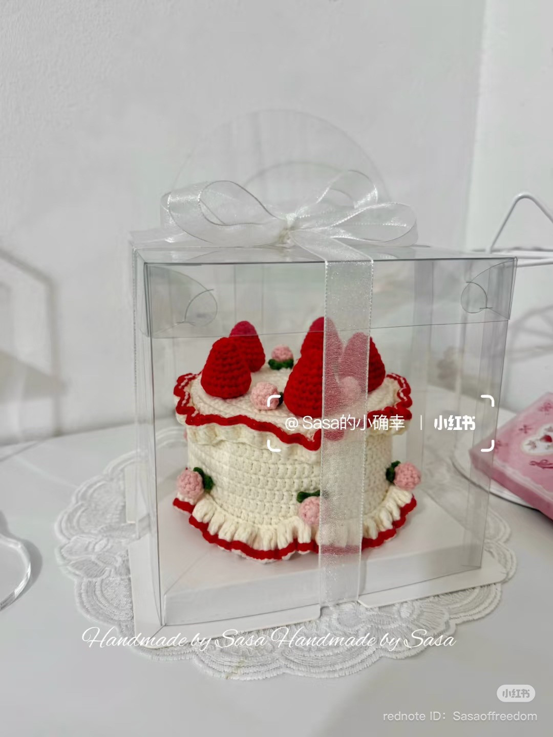 Crochet Strawberry Cake Chart with Red and White Yarn