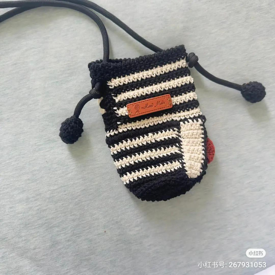 Crochet Striped Drawstring Bag with Flower Pattern and Chart