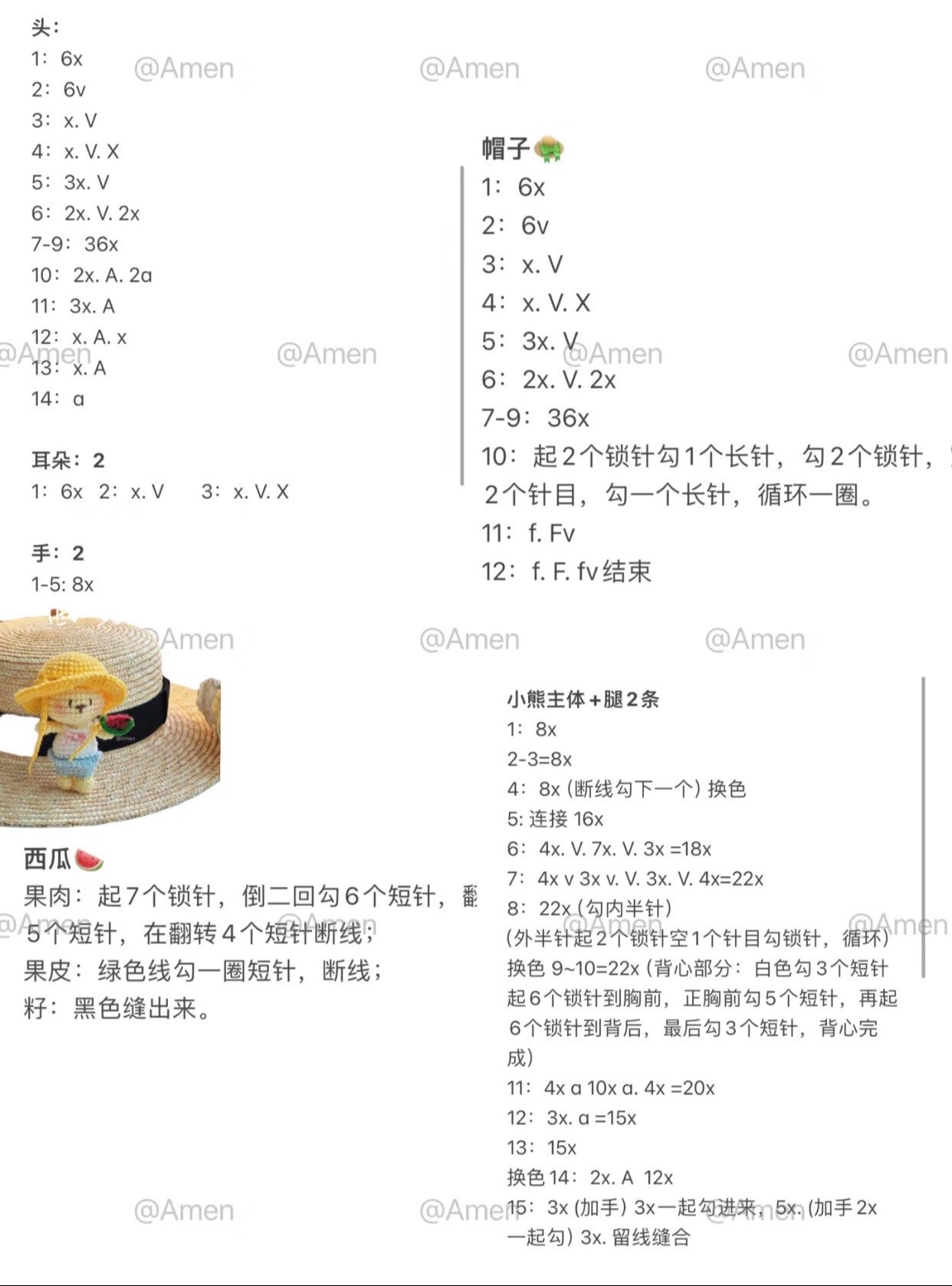 Crochet Summer Bear Amigurumi Pattern with Yellow Hat and Watermelon