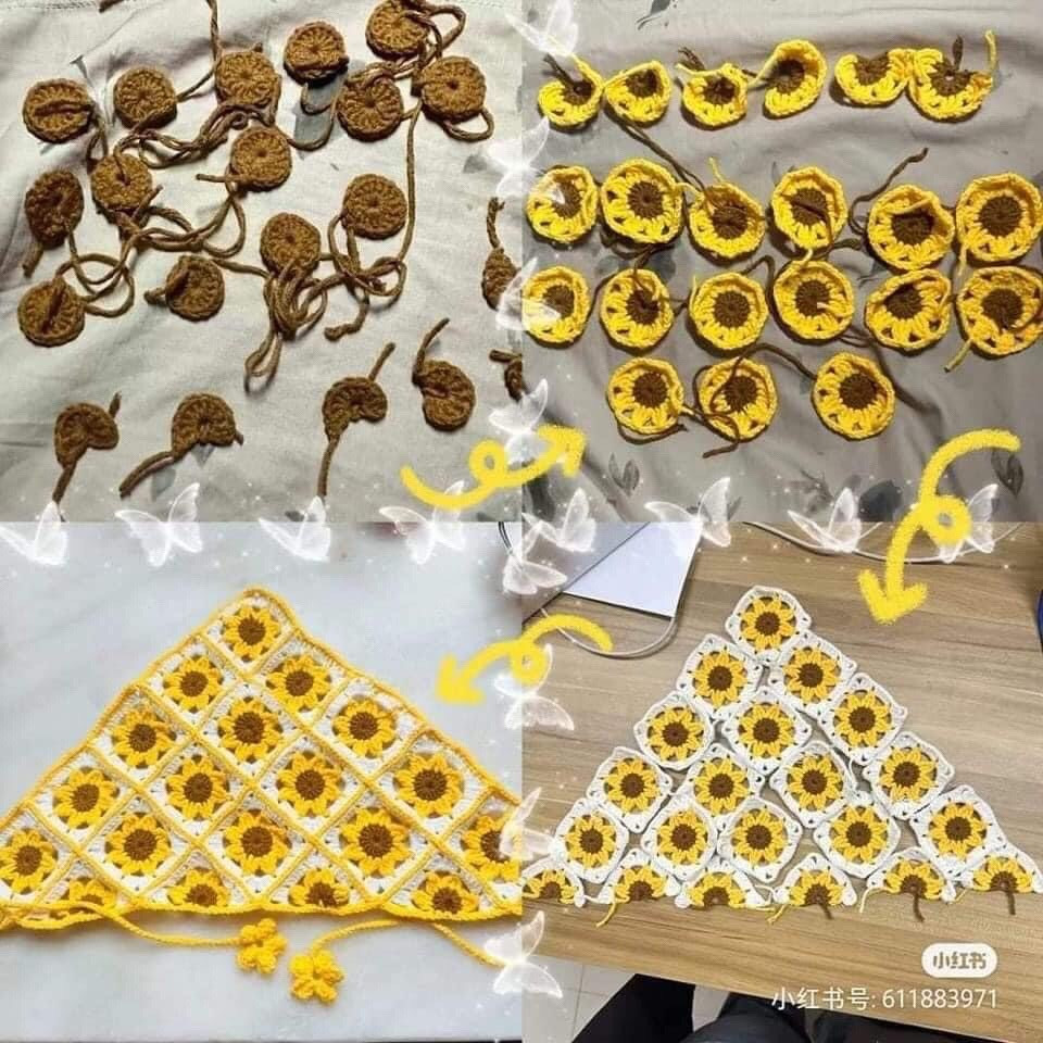 Crochet Sunflower Granny Square Pattern Chart for Triangle Shawl