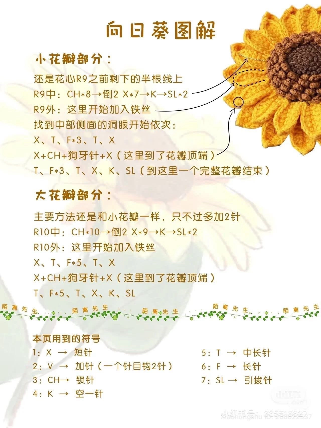 Crochet Sunflower Pattern Chart: Petals, Leaves and Calyx Instructions