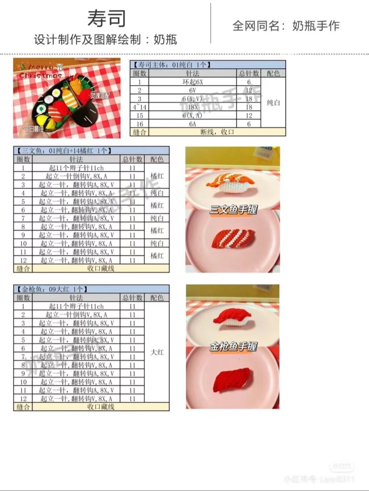 Crochet Sushi Bento Box Tutorial: Step-by-Step Chart for Salmon, Tuna, Shrimp, and Egg Rolls Amigurumi