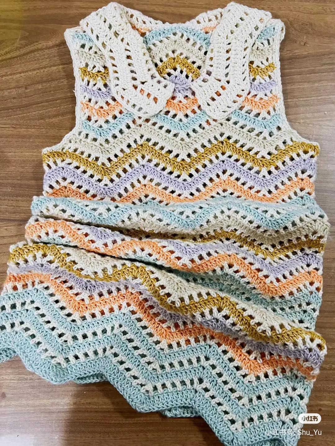 Crochet Sweater and Dress Patterns: Textured Orange Top, Pastel Zigzag Vest, Green Granny Square Dress
