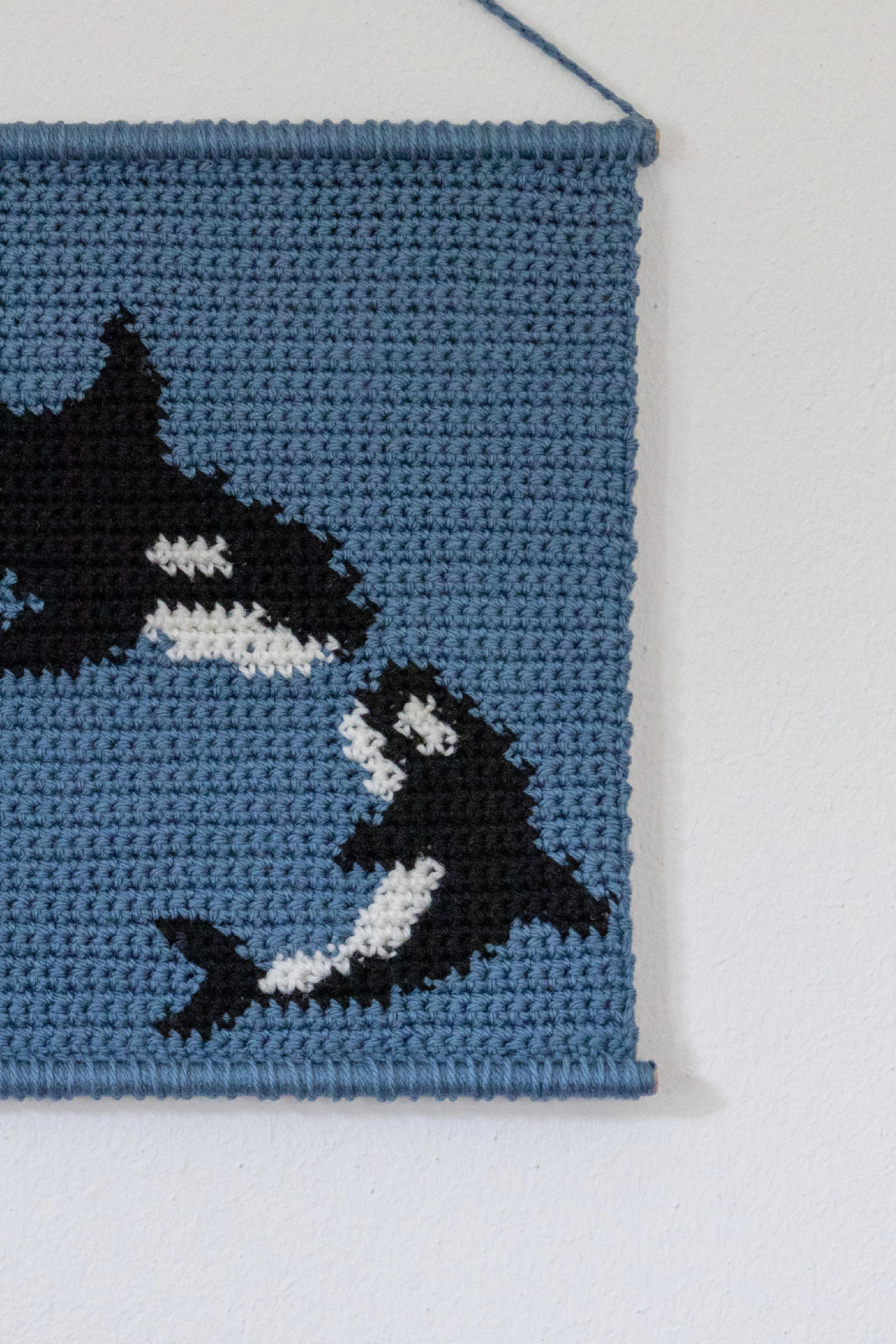 Crochet Tapestry Pattern: Orca and Calf on Blue Background
