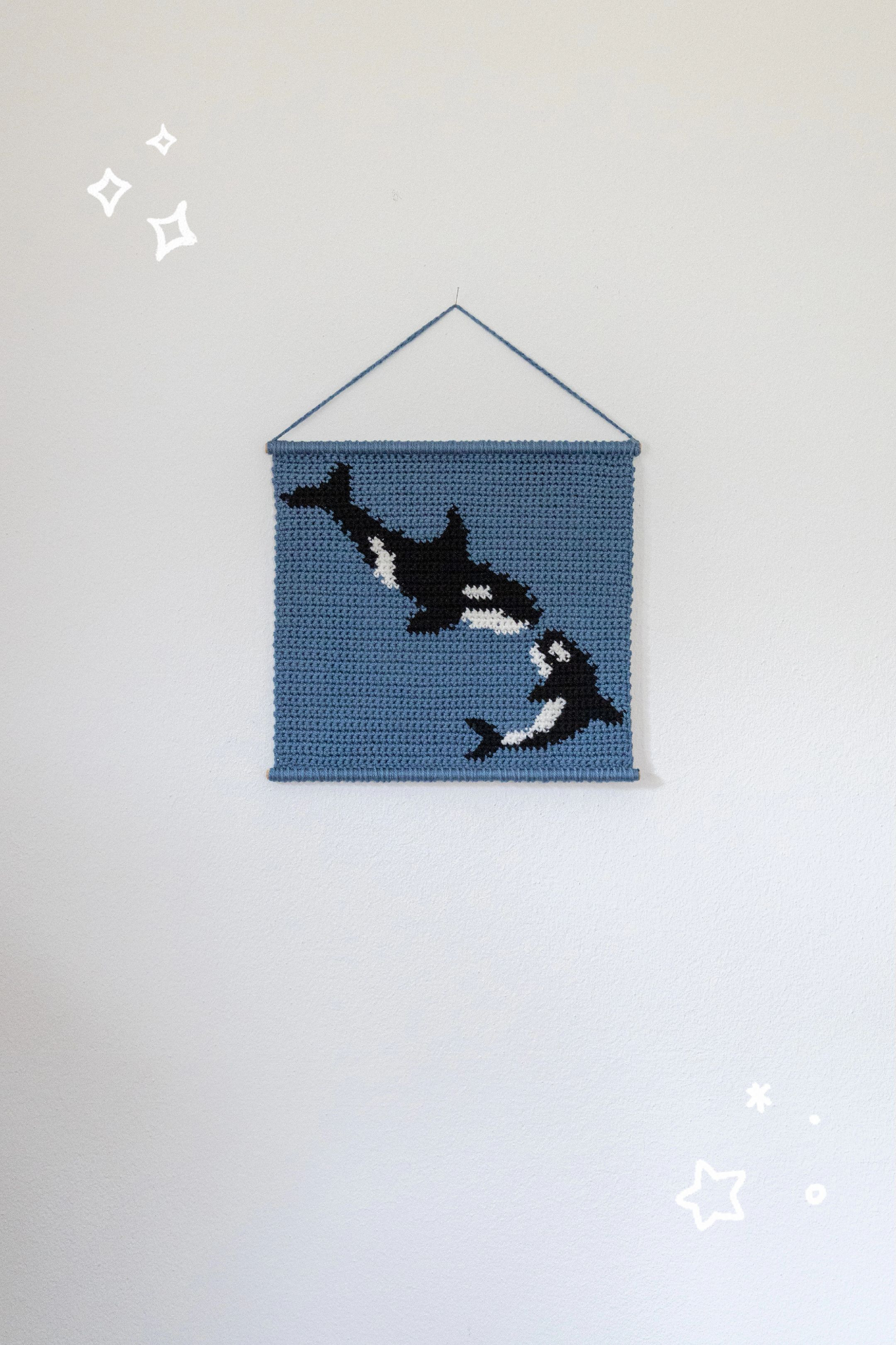 Crochet Tapestry Pattern: Orca and Calf on Blue Background