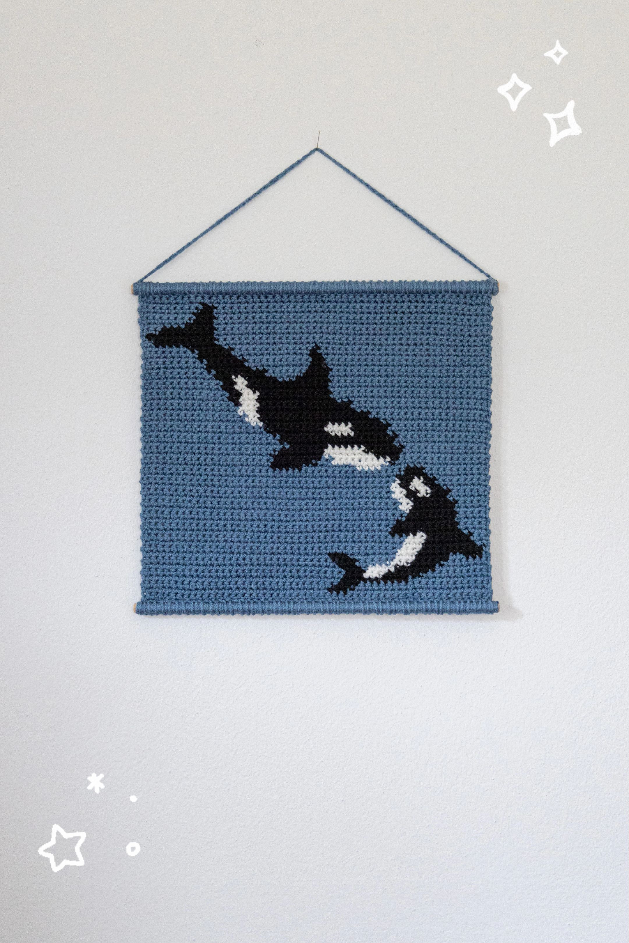 Crochet Tapestry Pattern: Orca and Calf on Blue Background