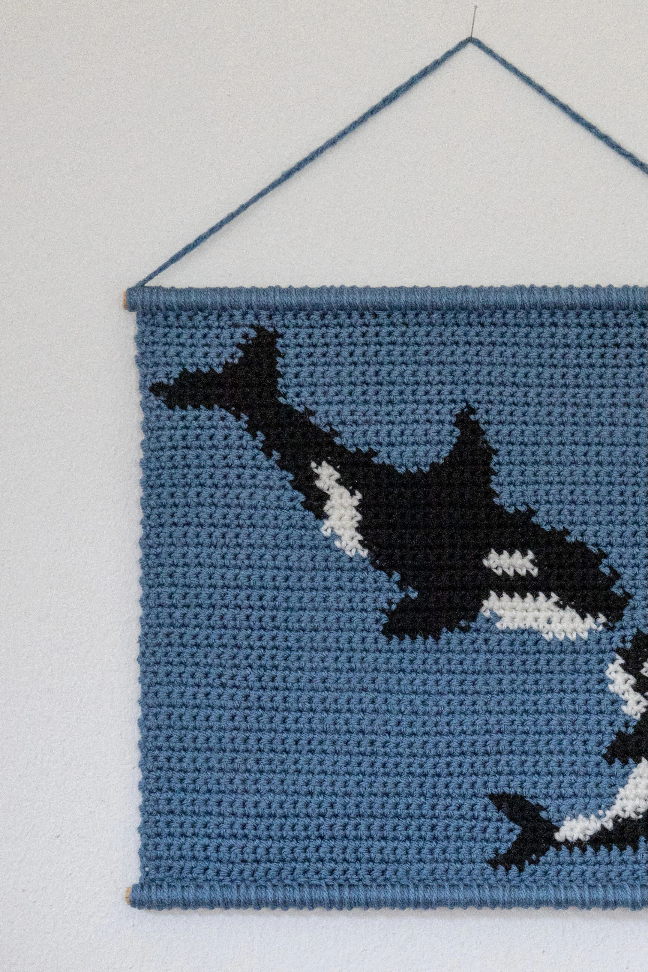 Crochet Tapestry Pattern: Orca and Calf on Blue Background