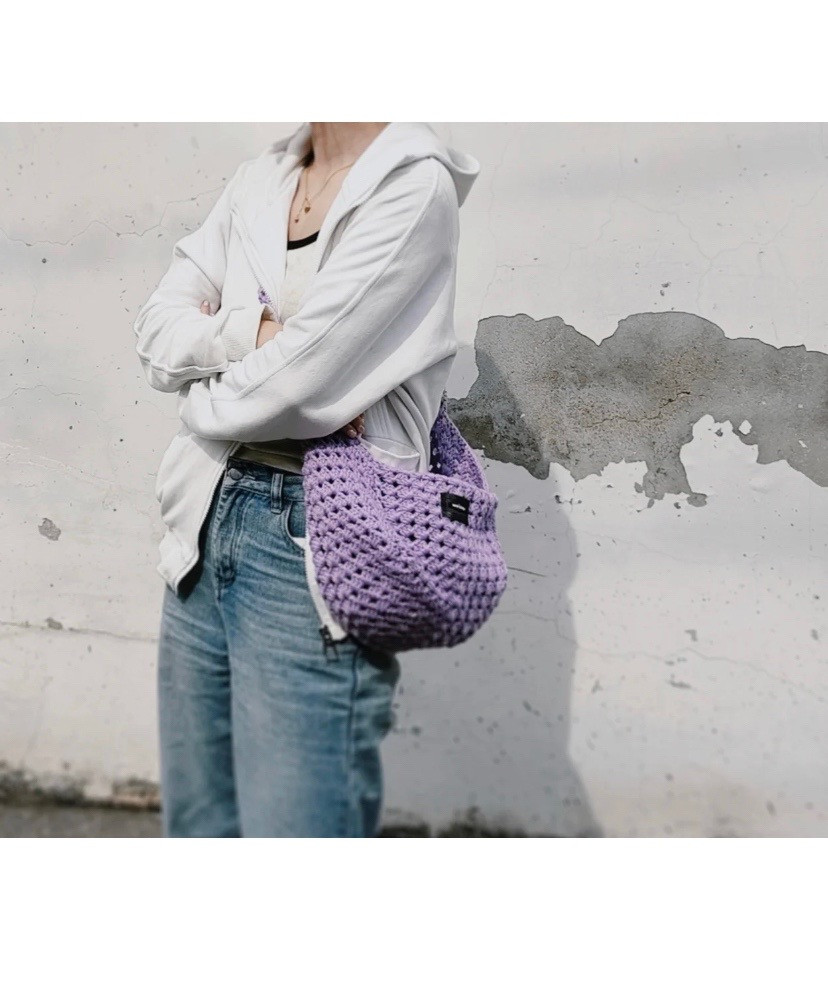 Crochet Tote Bag Pattern: Detailed Flat Chart for Purple, Beige, and Dark Grey Handmade Bags