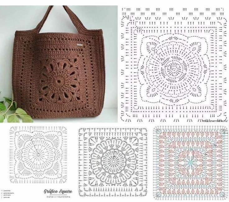 Crochet Tote Bag Patterns with Mandala Square Charts and Instructions