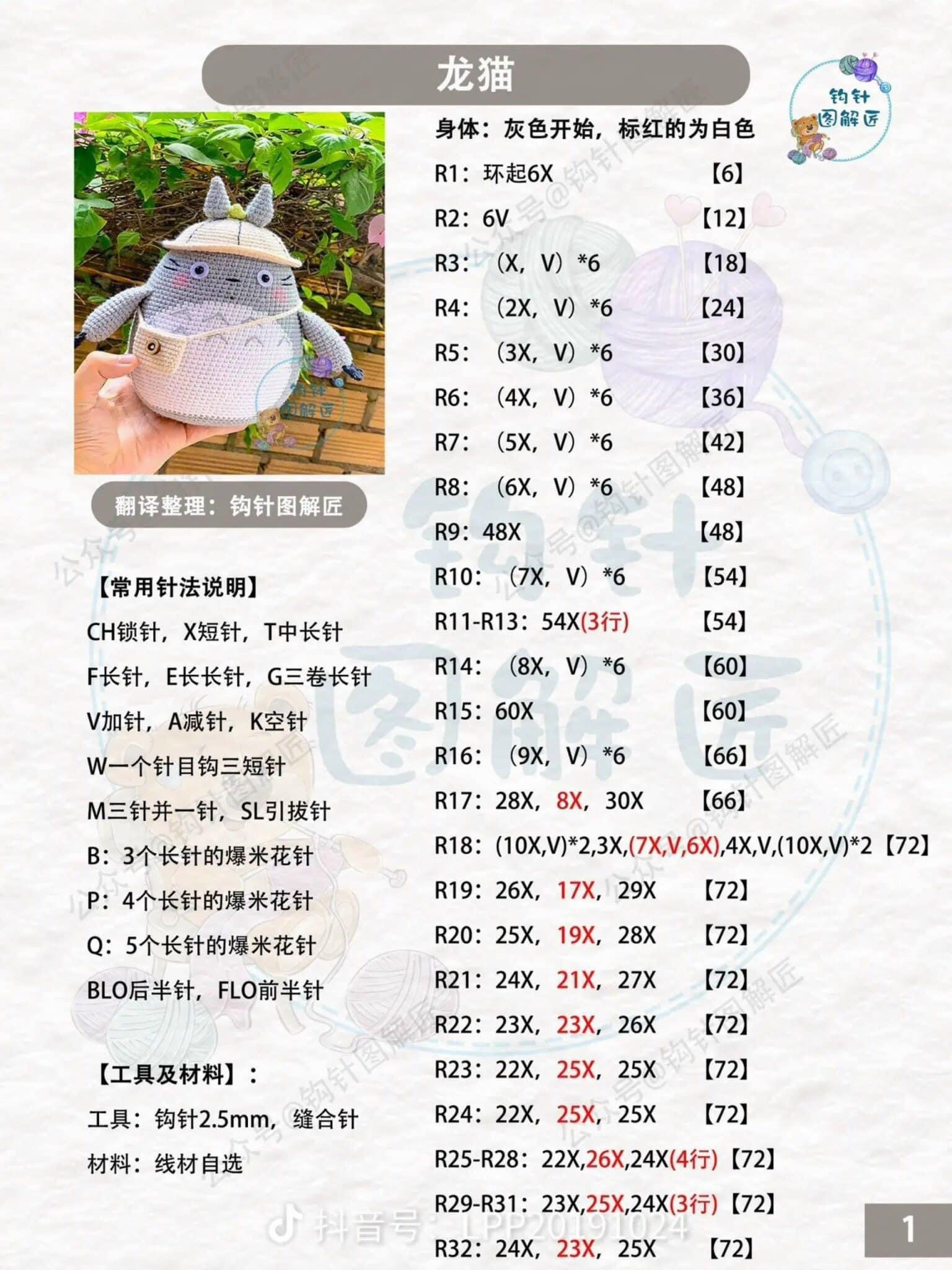 Crochet Totoro Amigurumi Pattern Chart with Hat and Satchel