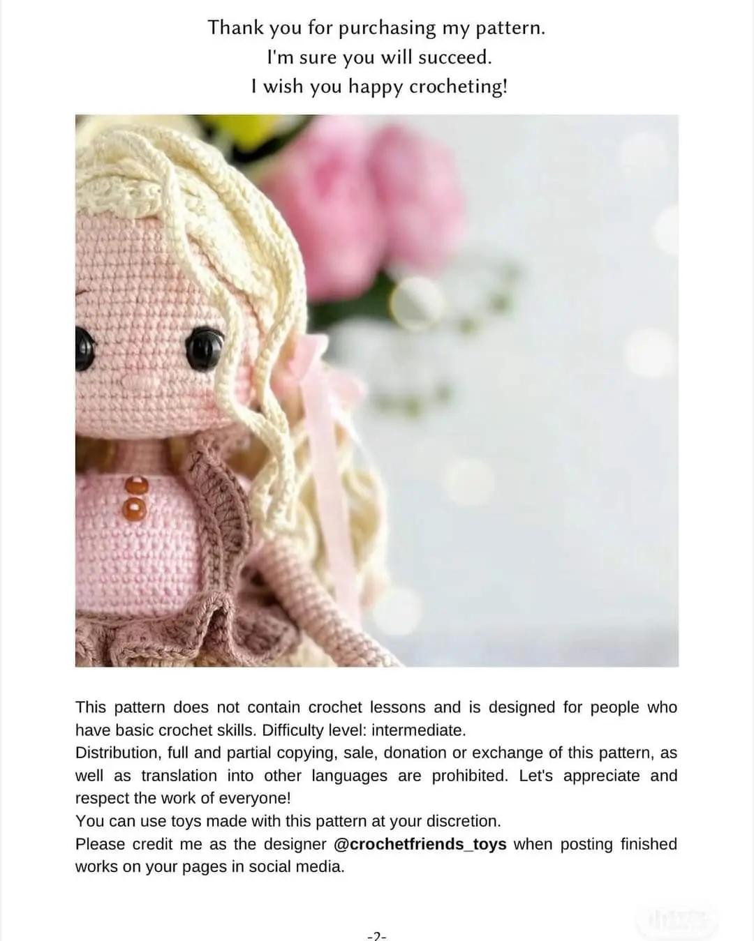 Crochet Toy Pattern 'Doll Martha' - Amigurumi Doll with Pink Dress and Cream Hair