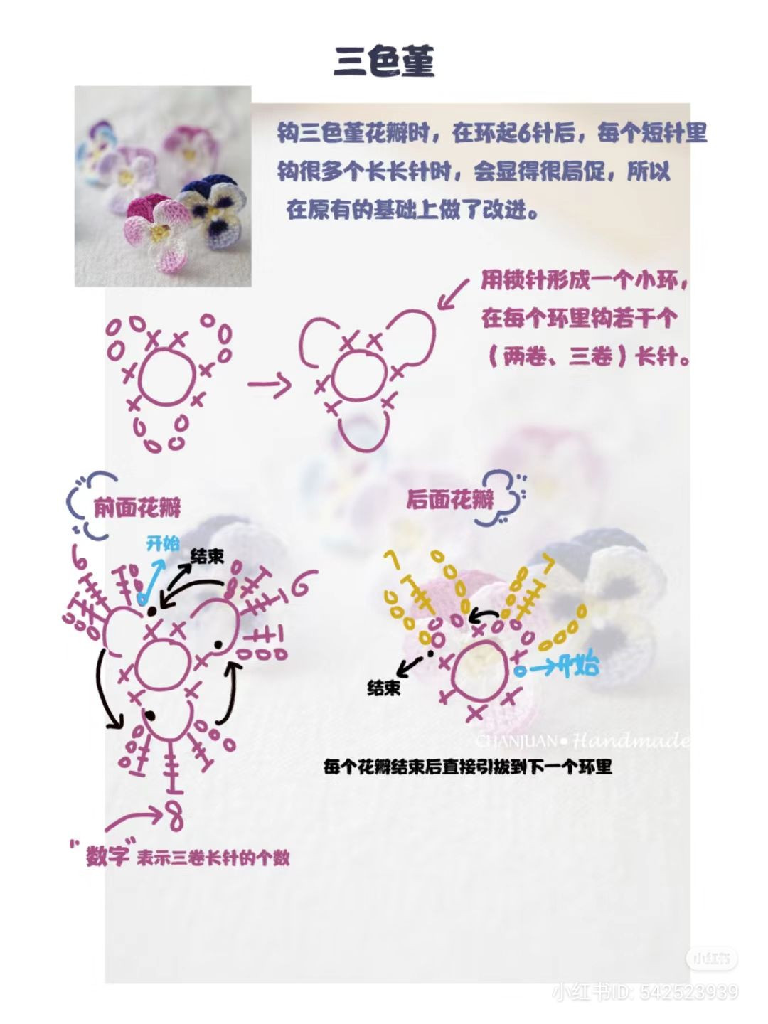 Crochet Tricolor Violet Flower and Leaf Pattern Chart