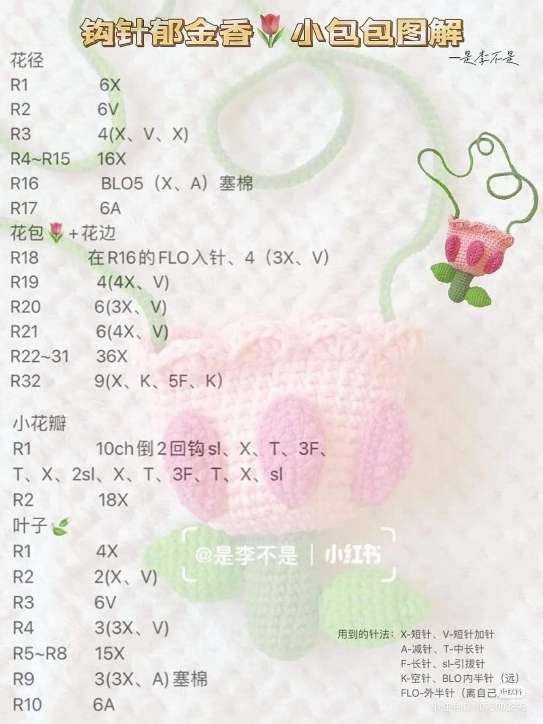 Crochet Tulip Bag Pattern Chart: Pink and Purple Flower Pouch Tutorial with Green Leaves