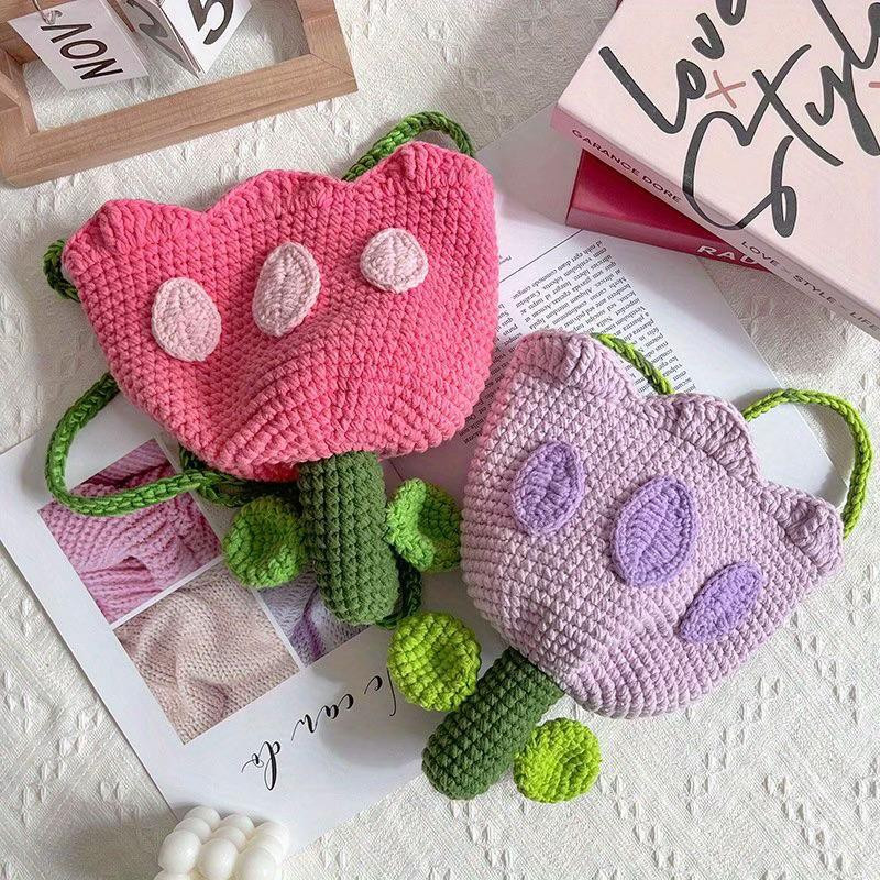 Crochet Tulip Bag Pattern Chart: Pink and Purple Flower Pouch Tutorial with Green Leaves