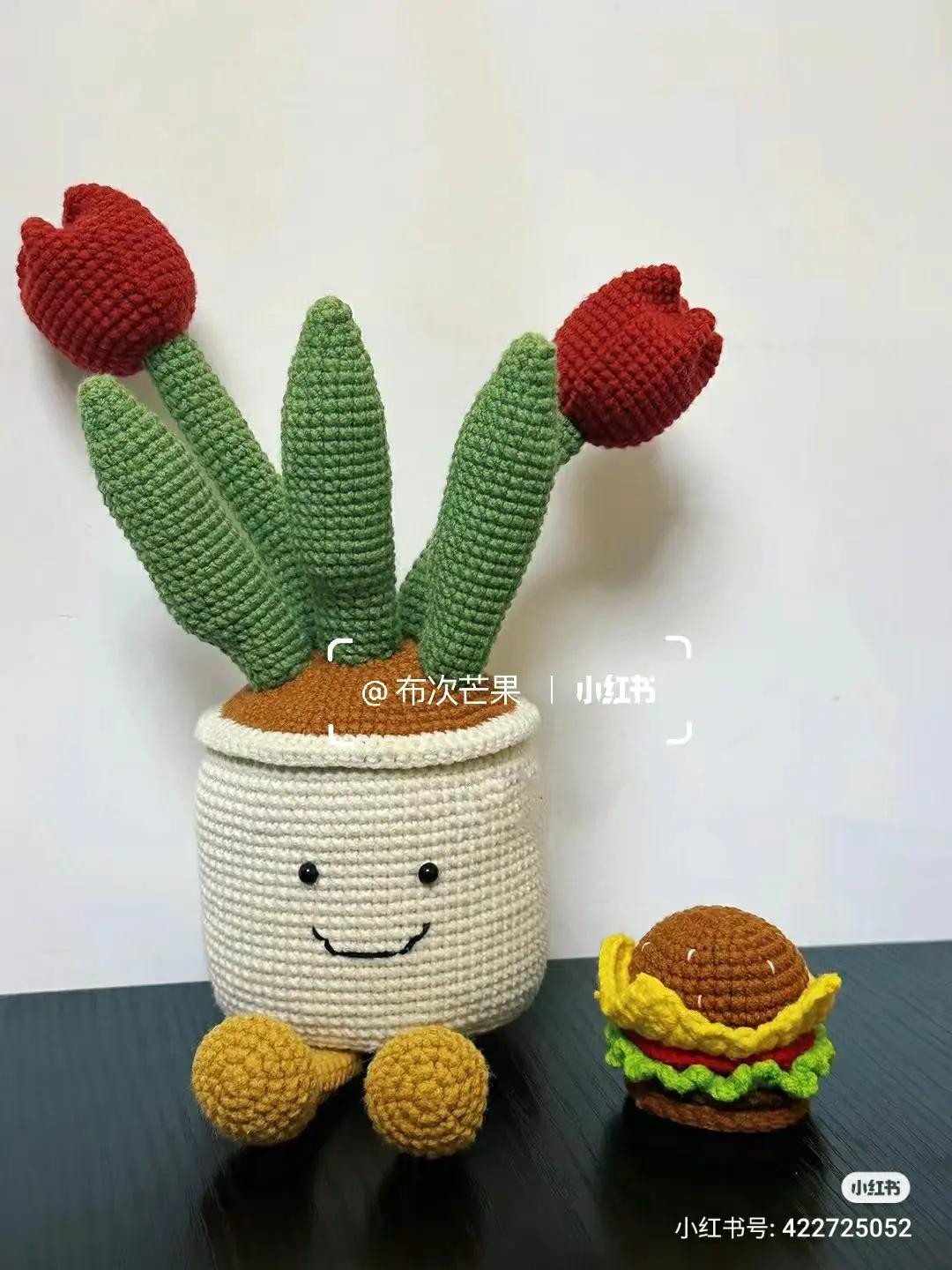 Crochet Tulip Potted Plant Pattern Chart with Cute Face