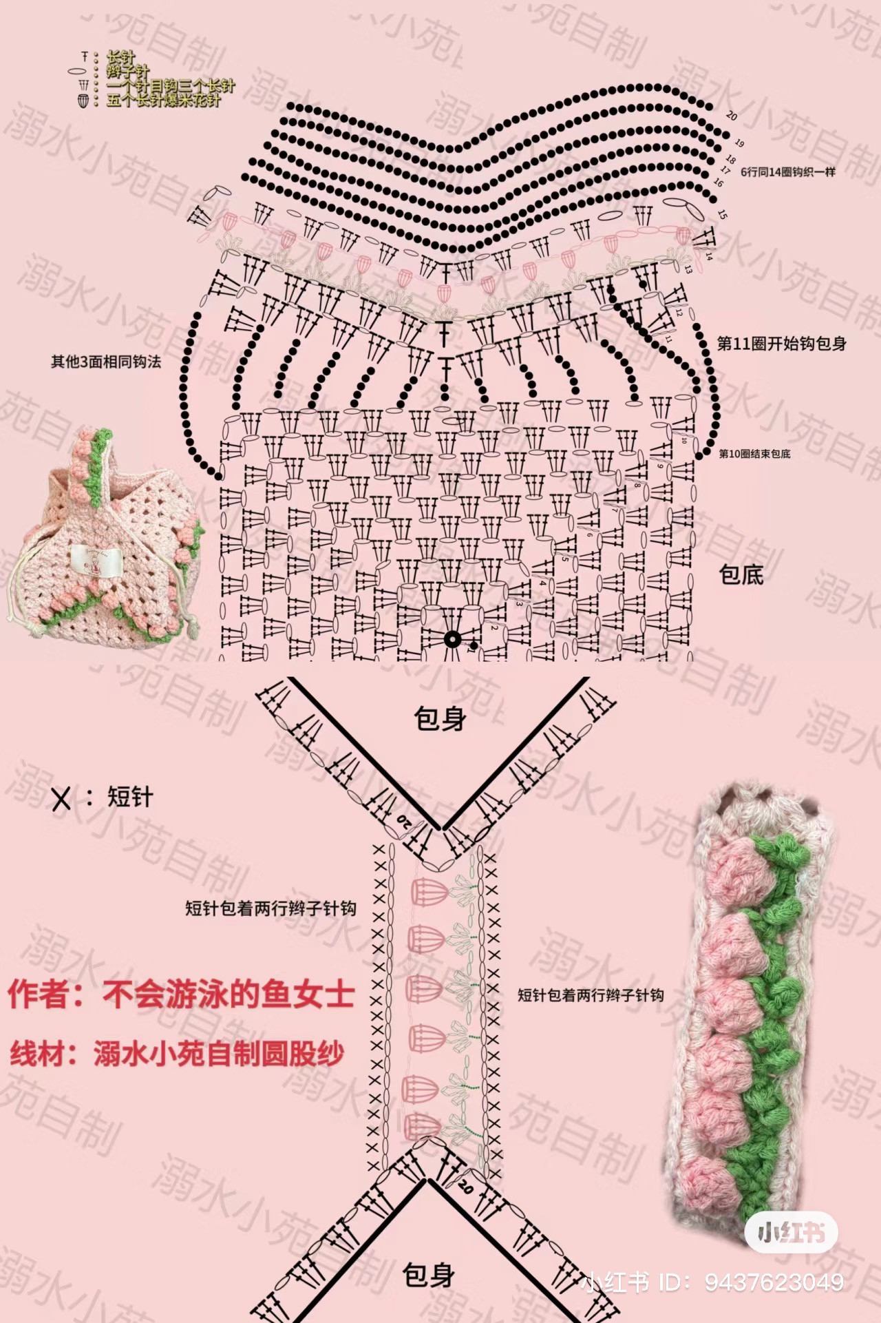 Crochet Tulip Tote Bag Pattern Chart with Pink and Blue Color Options