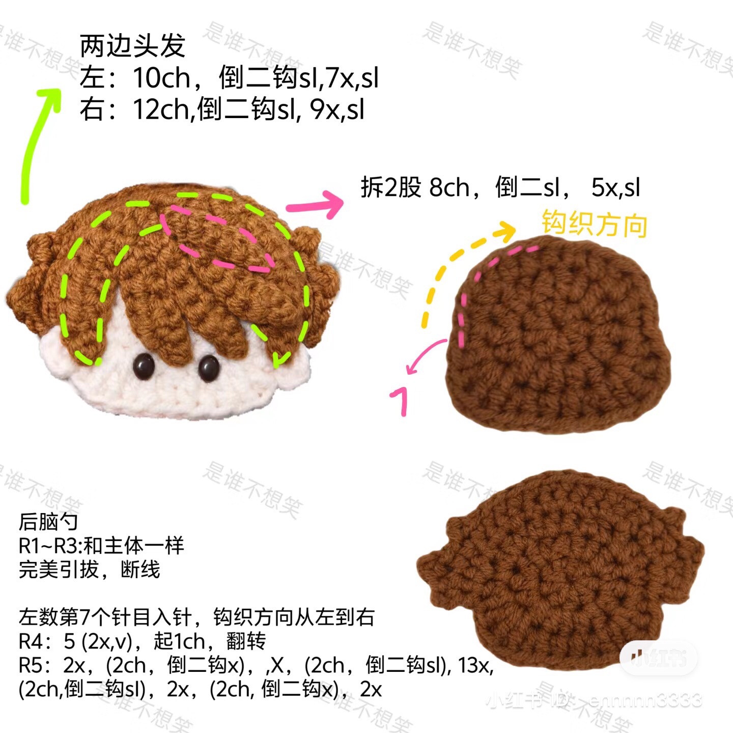 Crochet Tutorial for Common Flat Face Amigurumi Keychain with Brown Hair