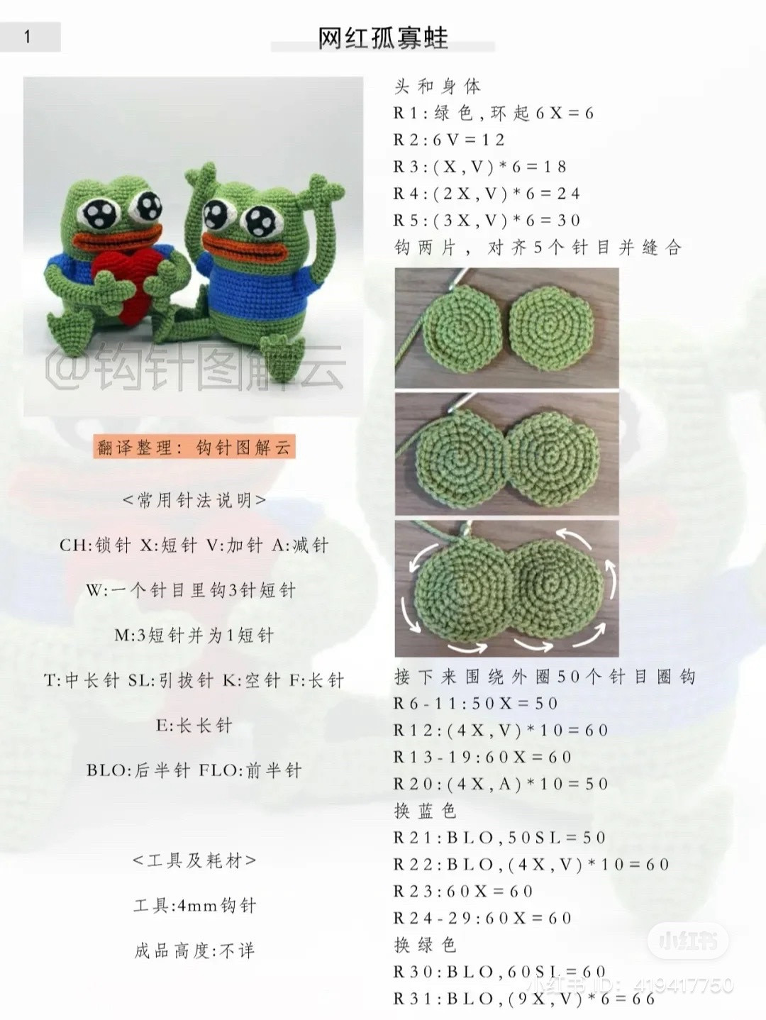 Crochet Tutorial for Green Pepe the Frog Amigurumi with Blue Shirt and Red Heart
