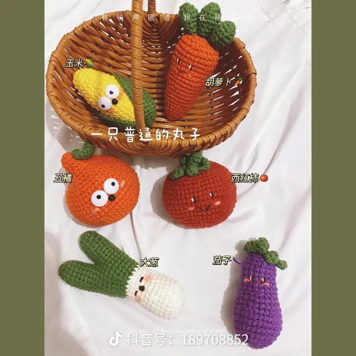 Crochet Vegetable Amigurumi Set Pattern: Tomato, Corn, Carrot, Eggplant, Scallion and Orange with Charts