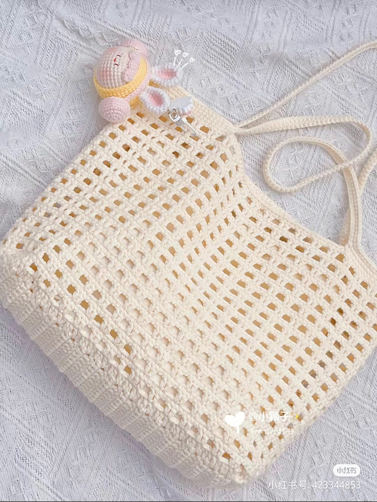 Crochet Waffle Grid Hollow Bag with Milk Cotton and Bunny Charm