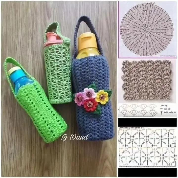Crochet Water Bottle Cozy with Handle and Free Chart Pattern