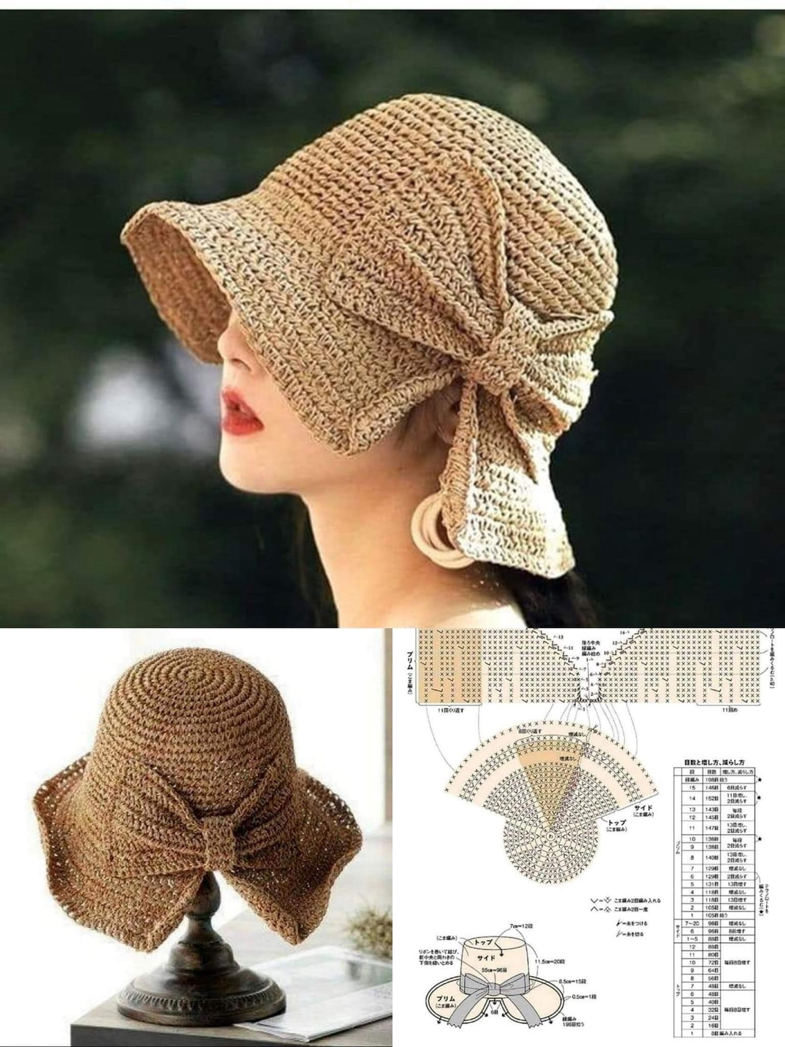 Crochet Wide Brim Hat with Bow - Japanese Pattern Chart