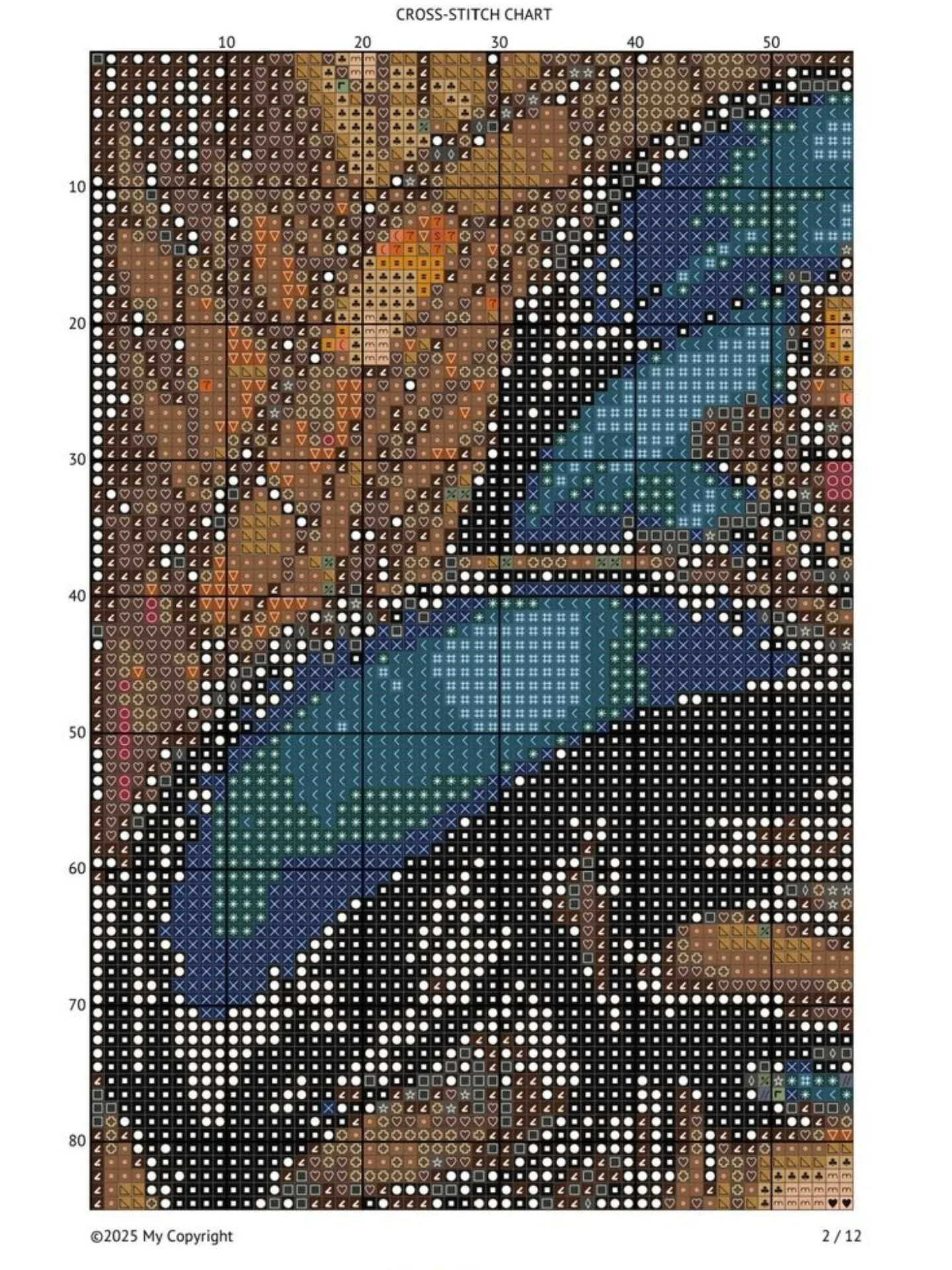 Cross-stitch chart of a woman in blue hat with black cat