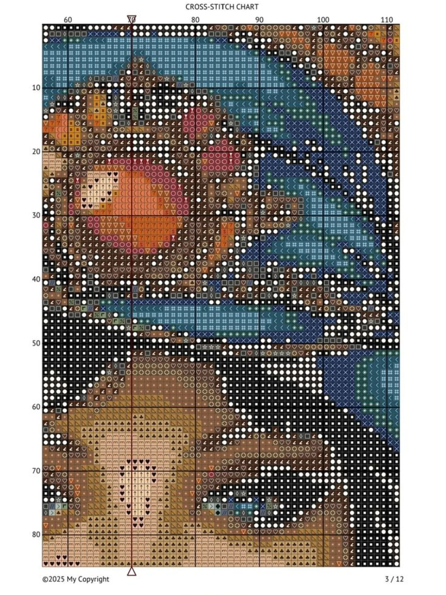 Cross-stitch chart of a woman in blue hat with black cat