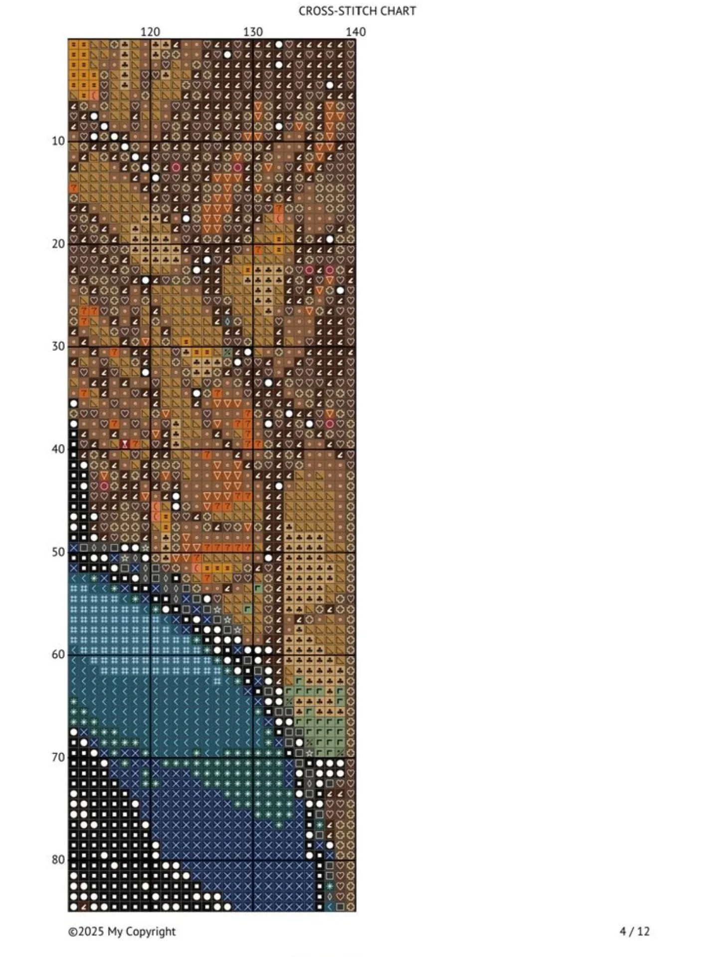 Cross-stitch chart of a woman in blue hat with black cat