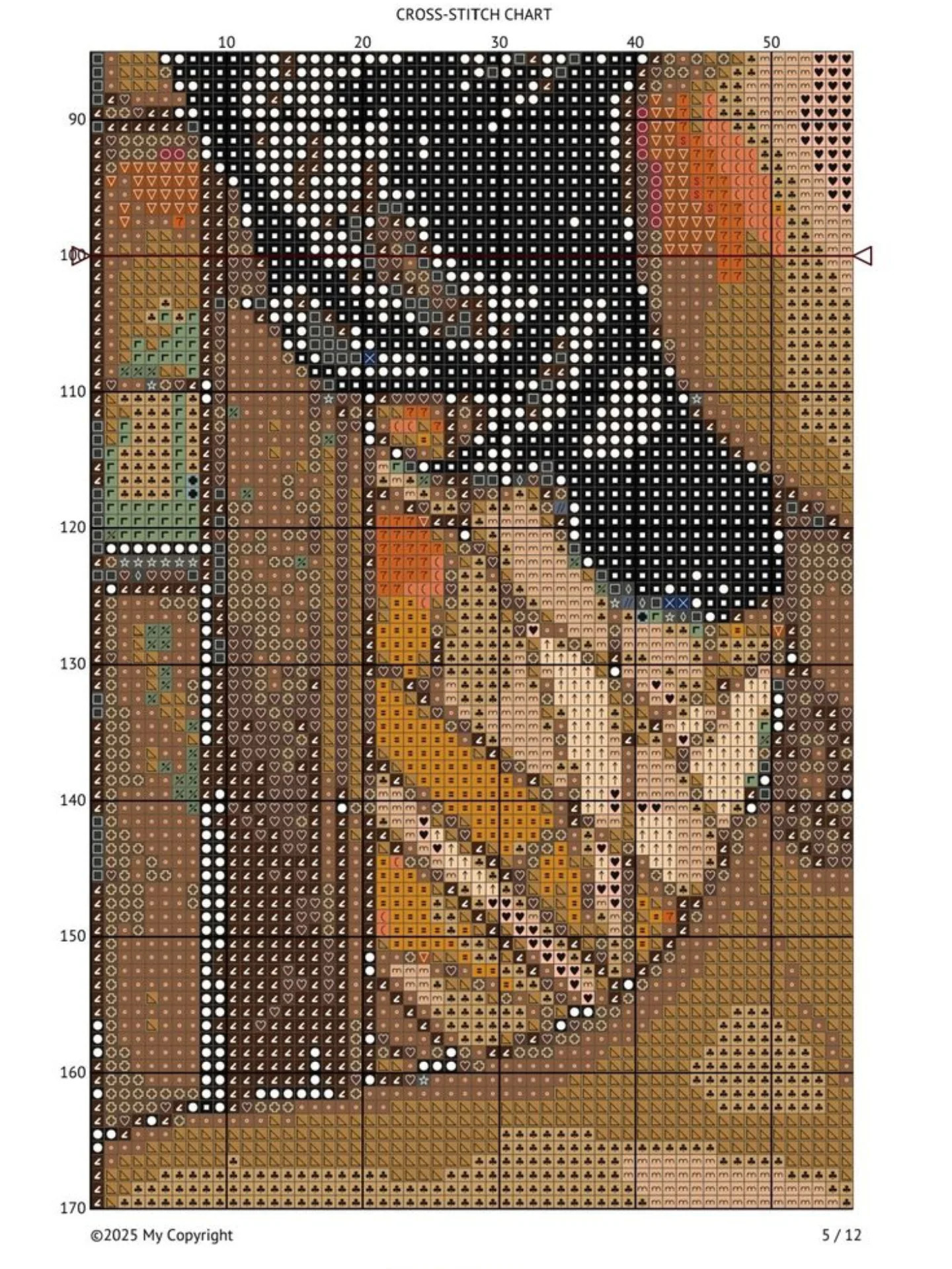 Cross-stitch chart of a woman in blue hat with black cat