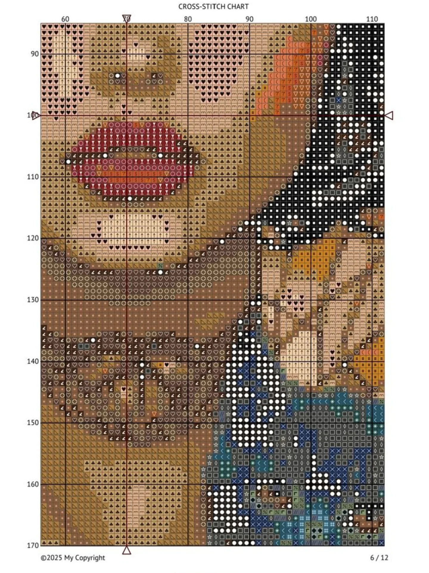 Cross-stitch chart of a woman in blue hat with black cat