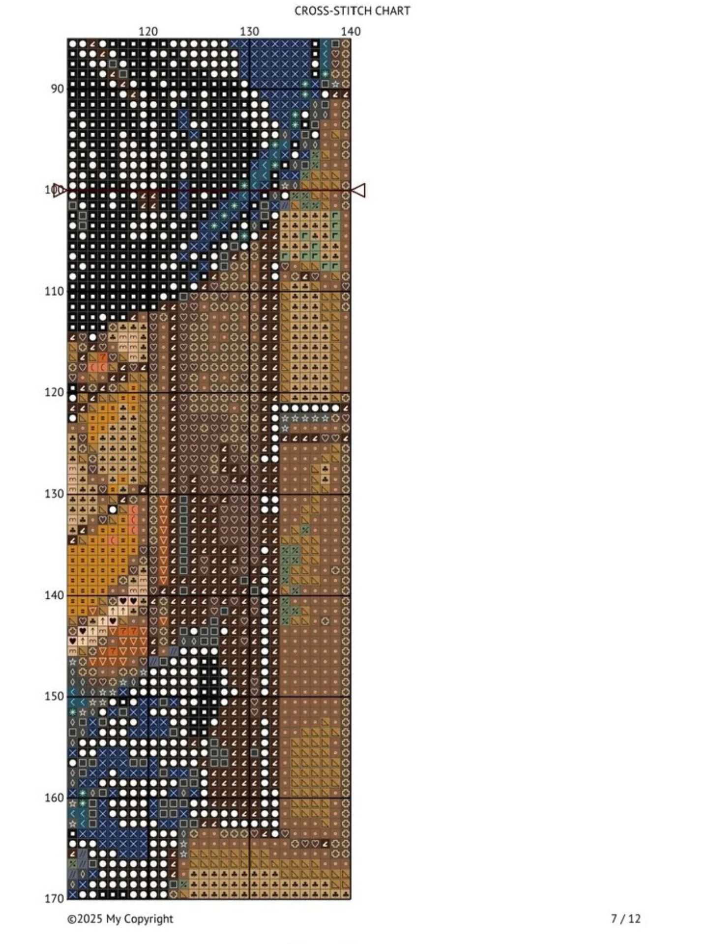 Cross-stitch chart of a woman in blue hat with black cat