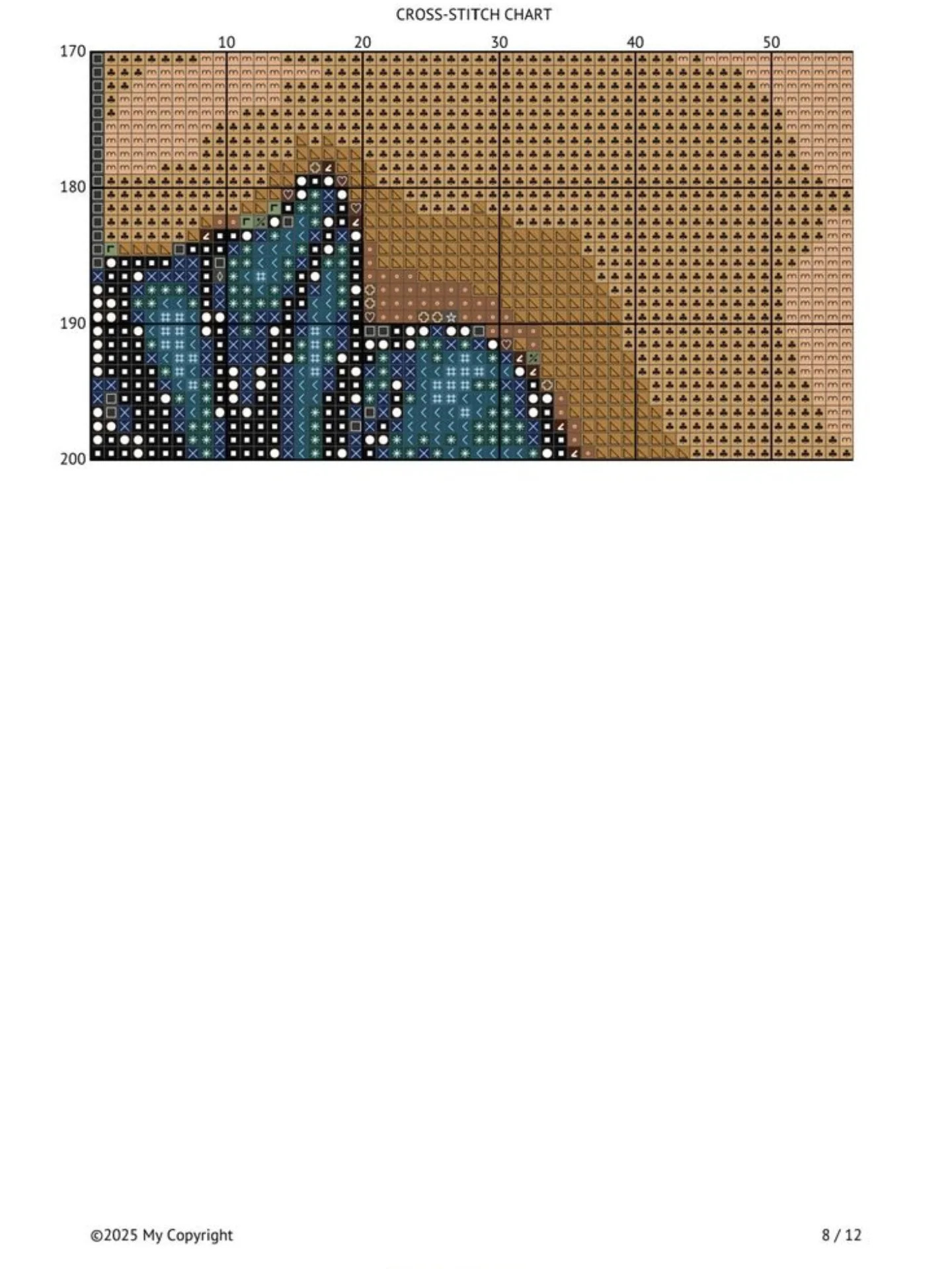 Cross-stitch chart of a woman in blue hat with black cat