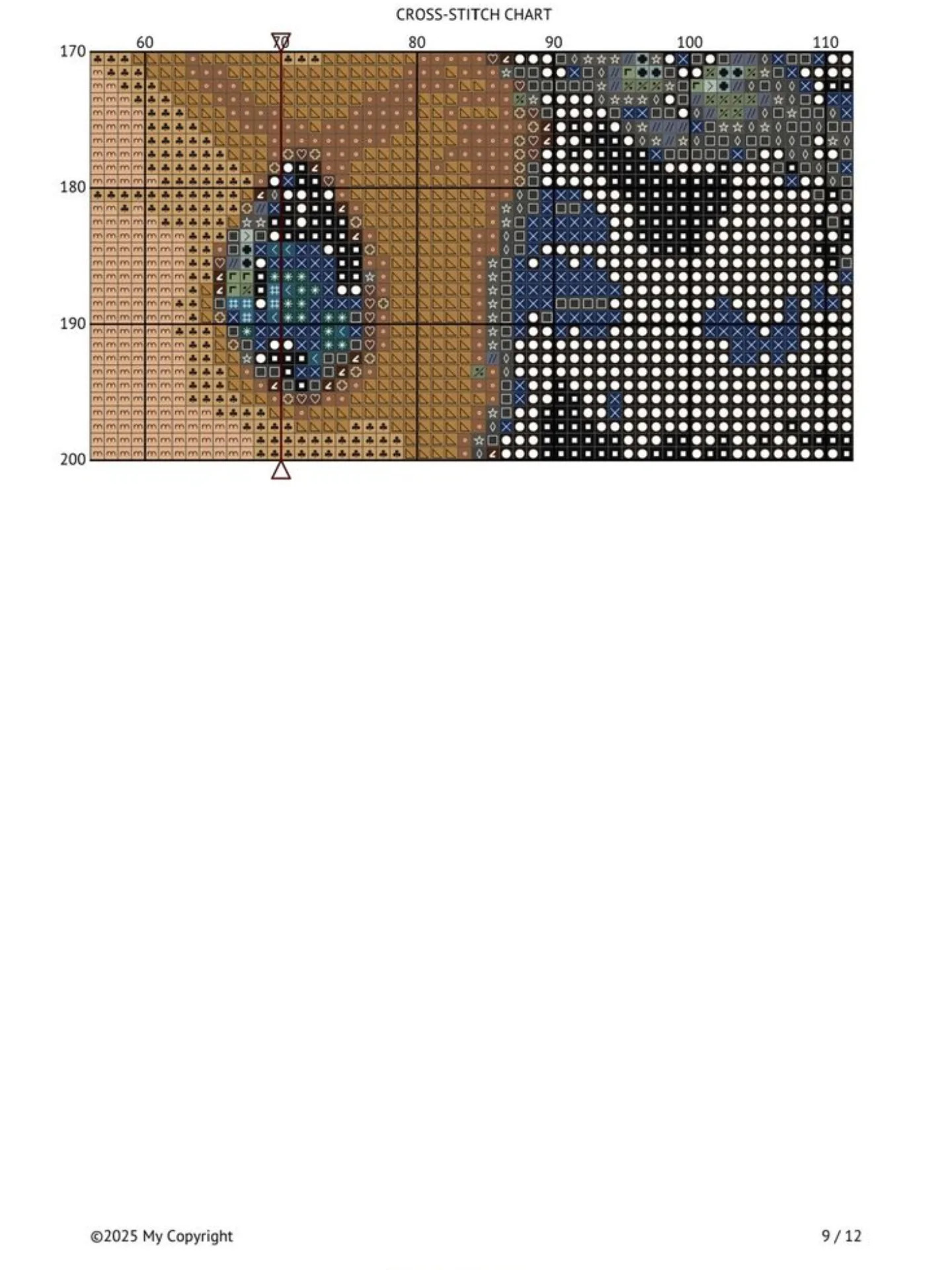 Cross-stitch chart of a woman in blue hat with black cat