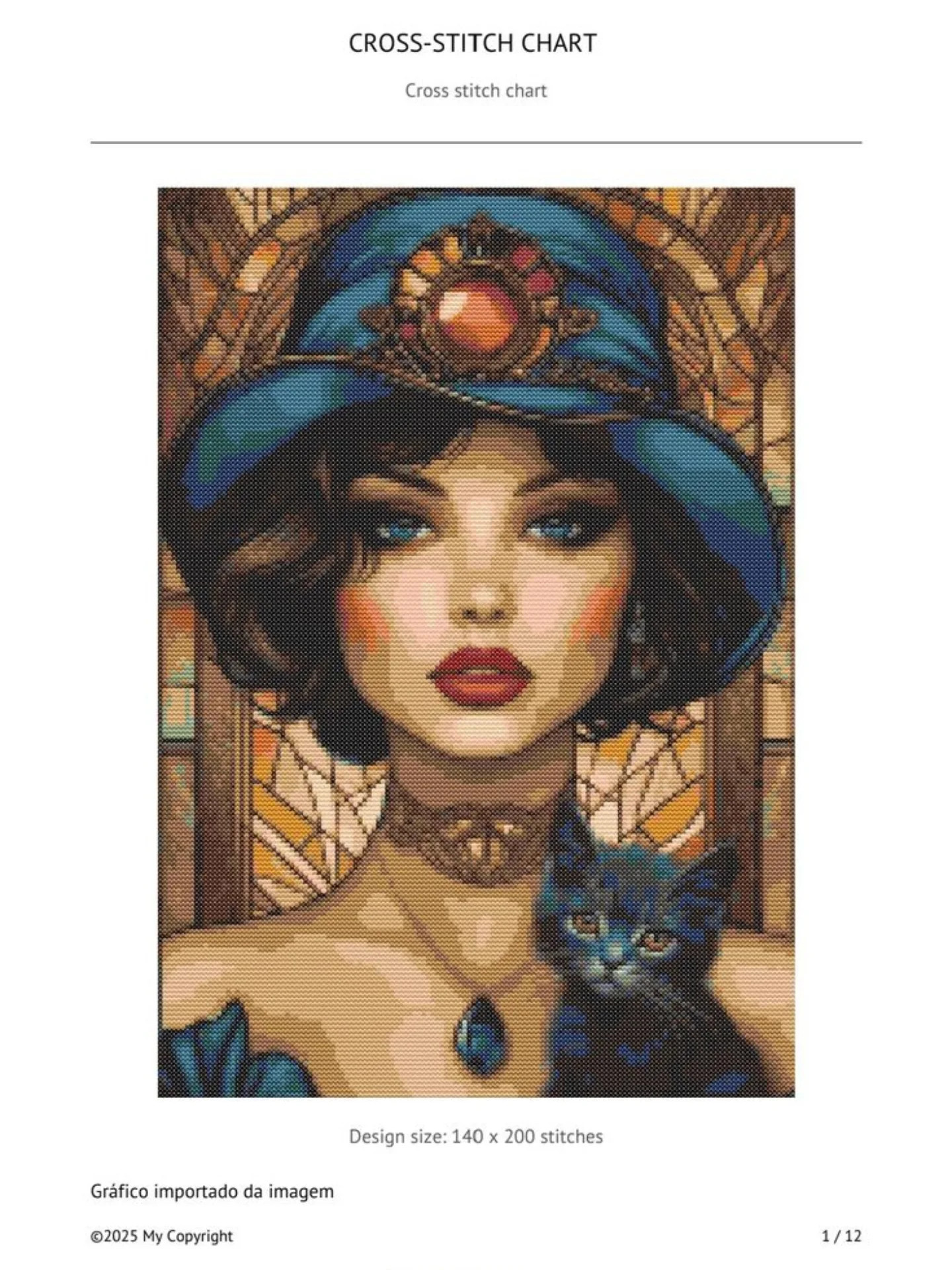 Cross-stitch chart of a woman in blue hat with black cat