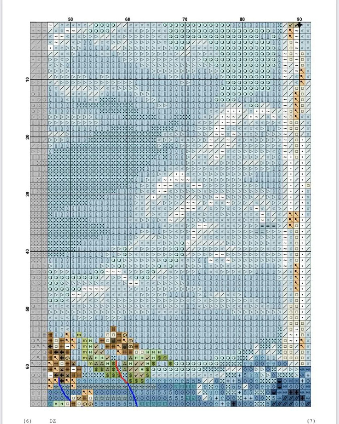 Cross Stitch Pattern Chart: Blue Hydrangeas by the Sea with Sailboat View