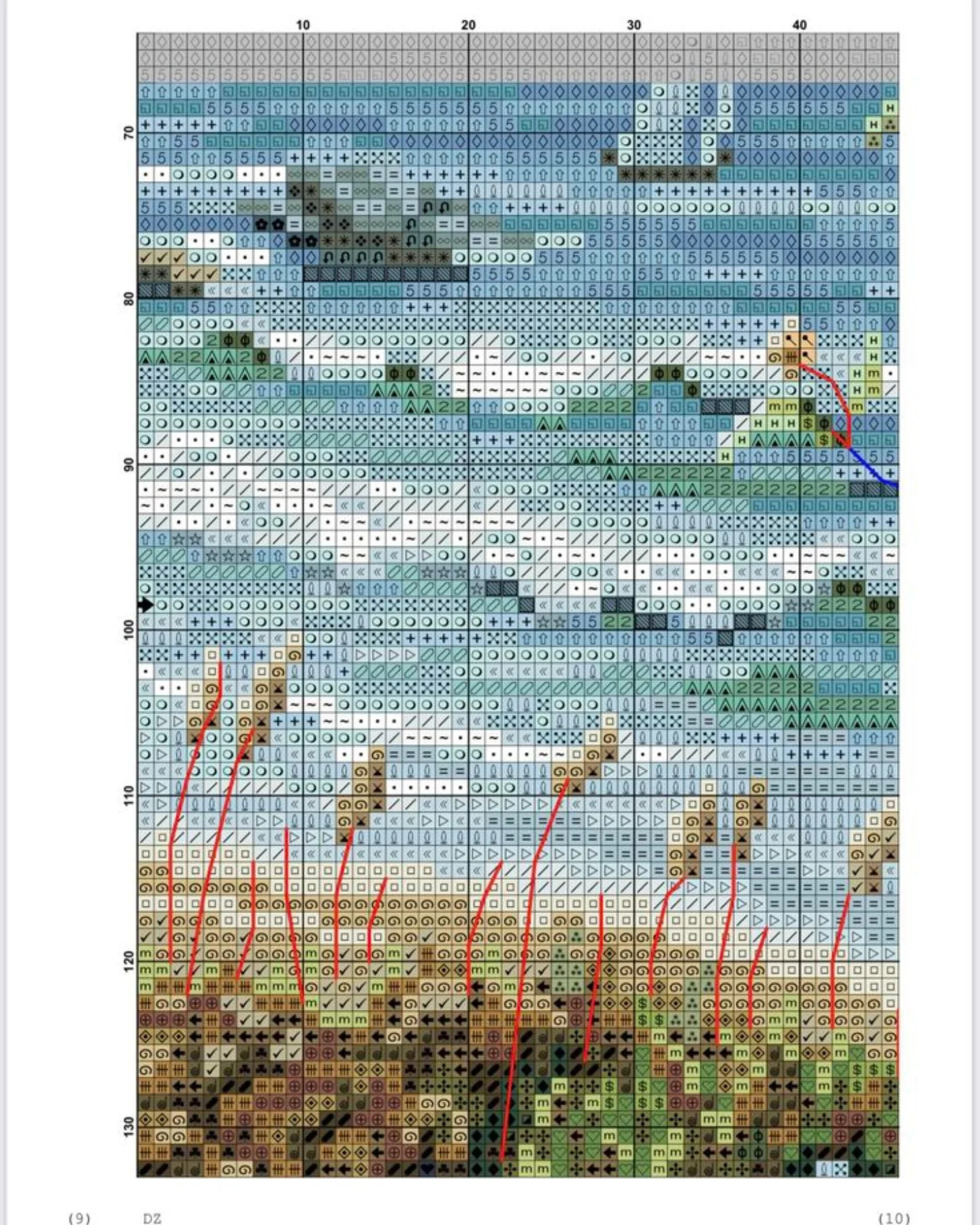 Cross Stitch Pattern Chart: Blue Hydrangeas by the Sea with Sailboat View