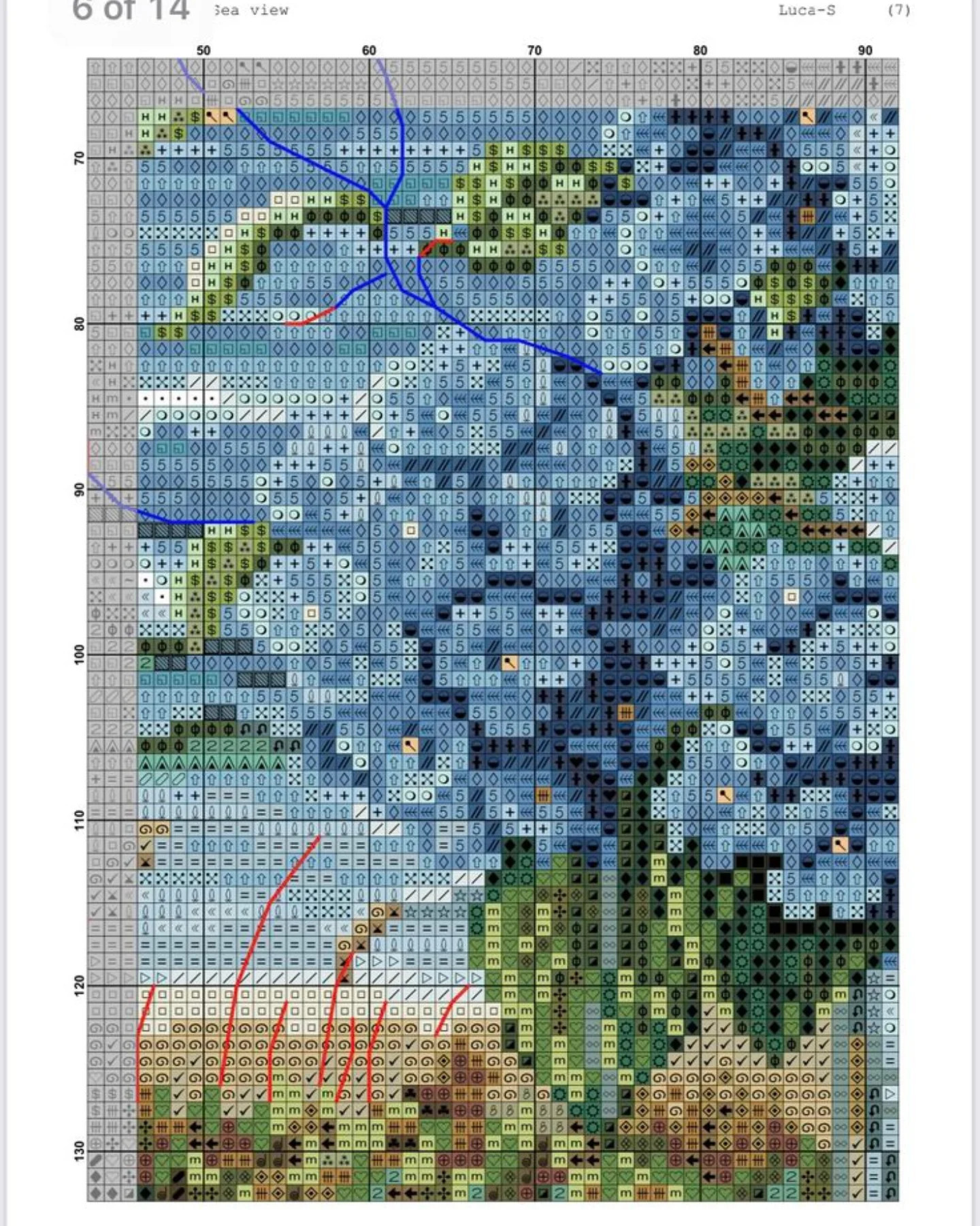 Cross Stitch Pattern Chart: Blue Hydrangeas by the Sea with Sailboat View