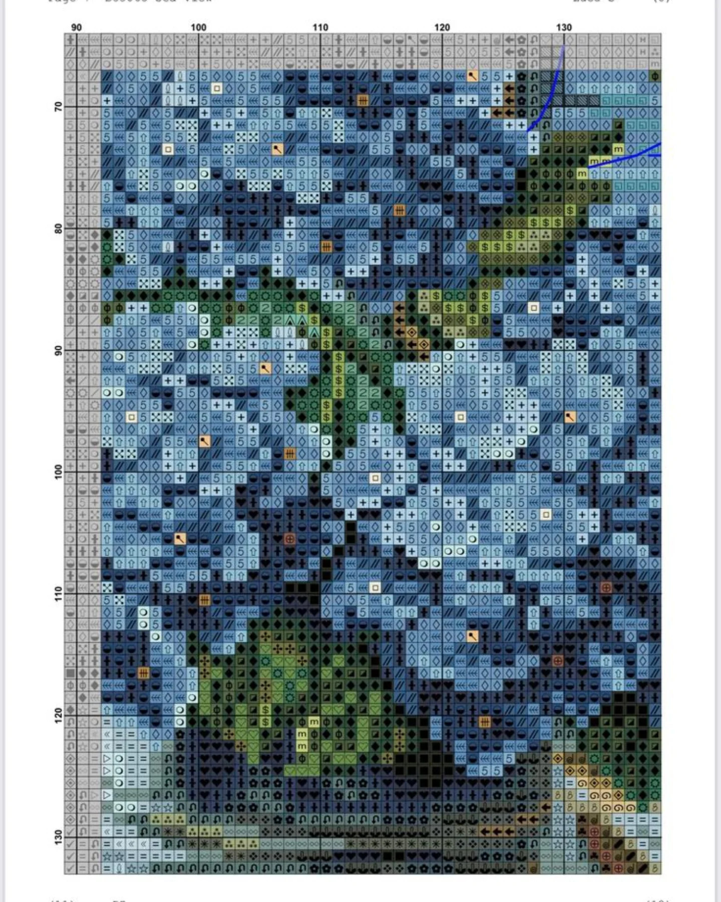 Cross Stitch Pattern Chart: Blue Hydrangeas by the Sea with Sailboat View