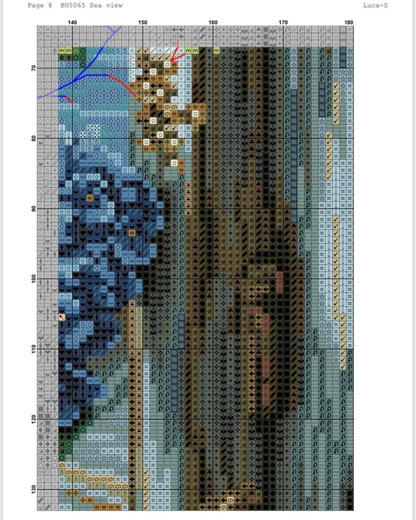 Cross Stitch Pattern Chart: Blue Hydrangeas by the Sea with Sailboat View