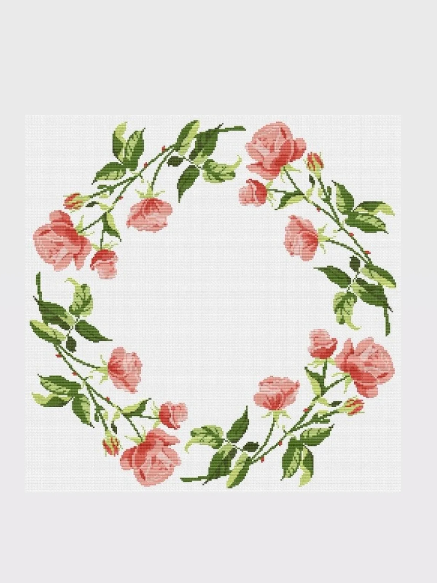 Cross Stitch Pattern Chart for Pink Rose Floral Wreath Table Runner Design