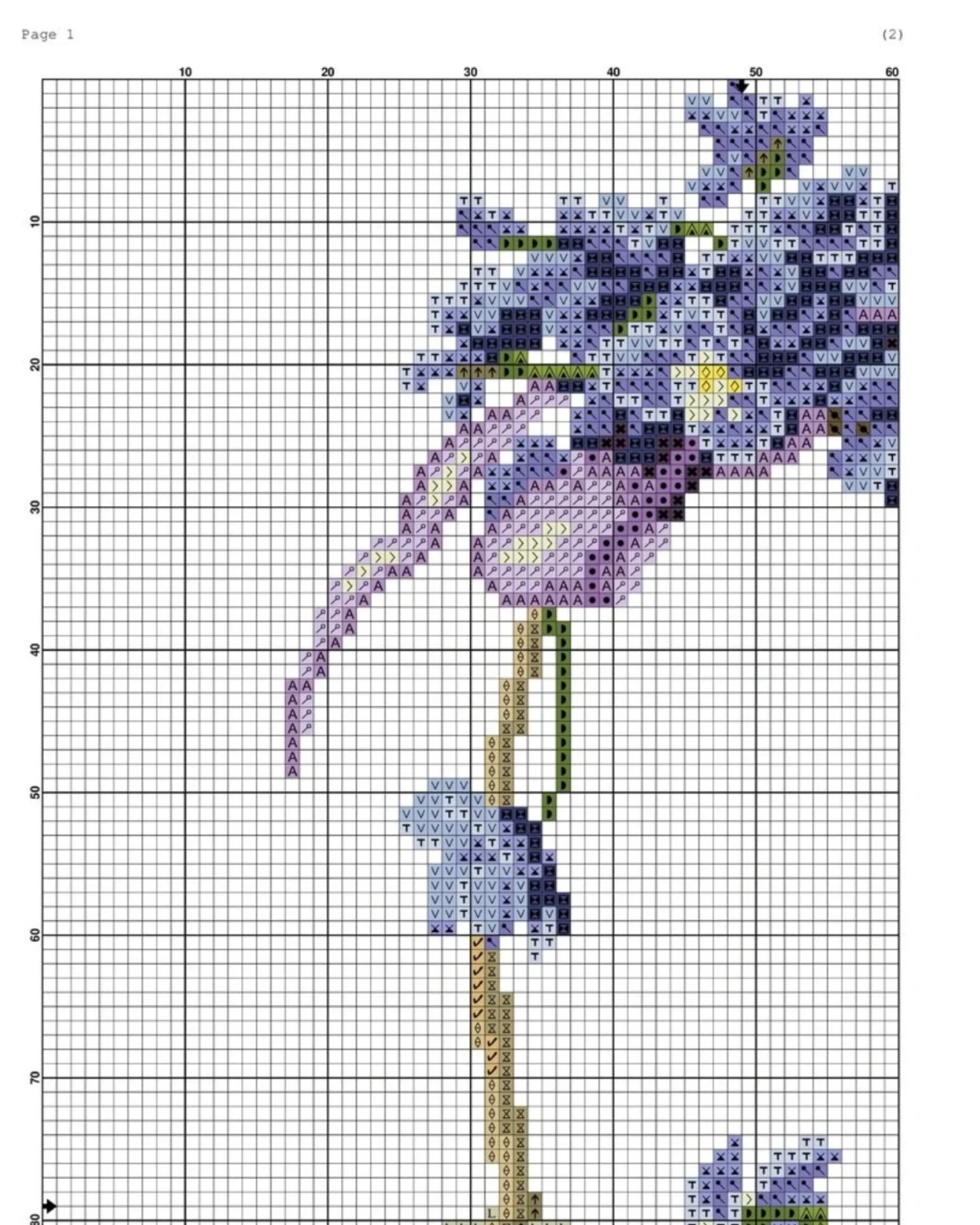 Cross Stitch Pattern Chart for Purple Flowers in Basket