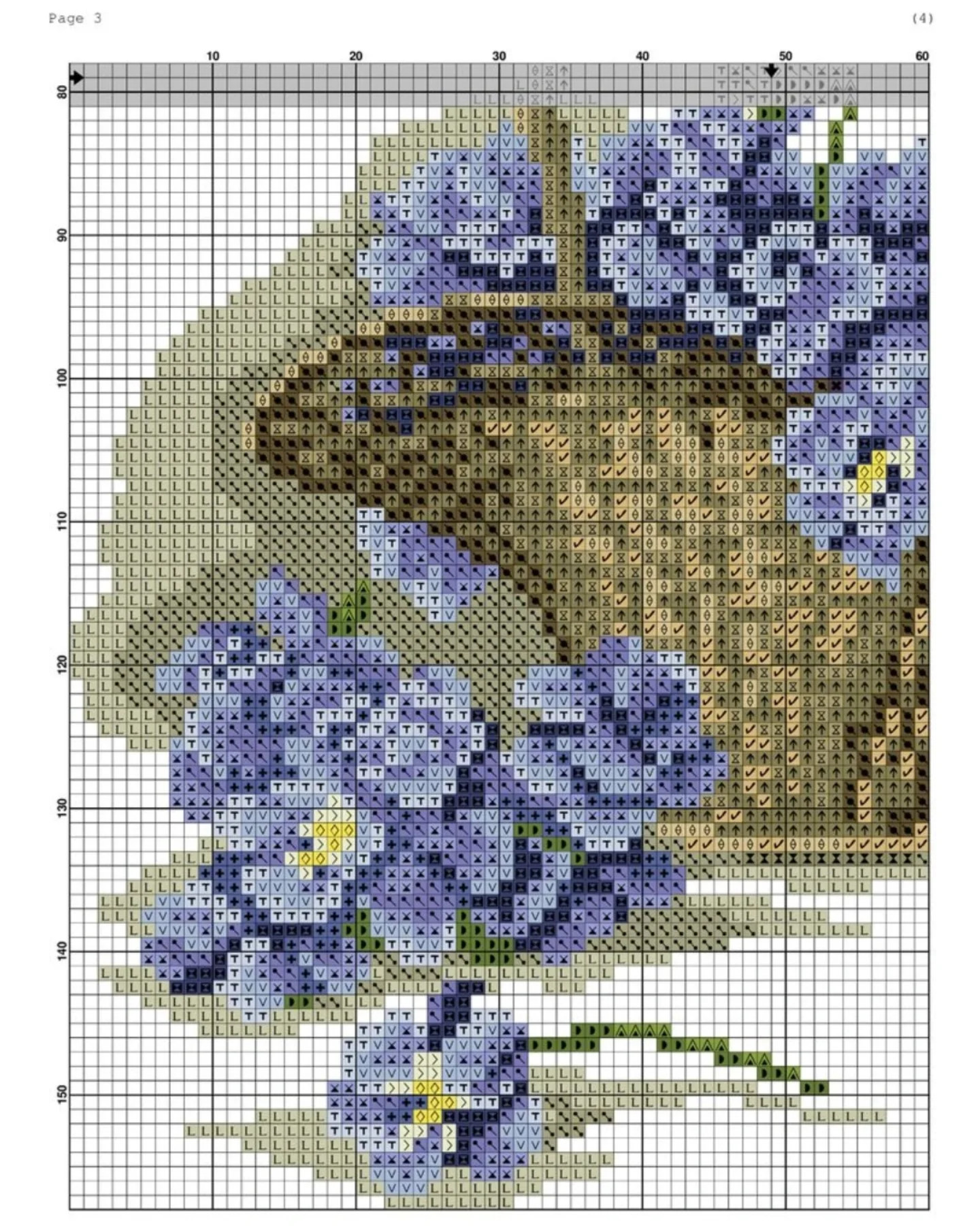 Cross Stitch Pattern Chart for Purple Flowers in Basket