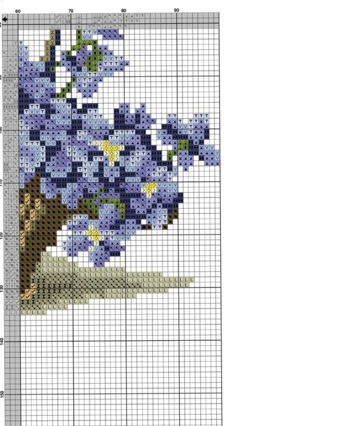 Cross Stitch Pattern Chart for Purple Flowers in Basket