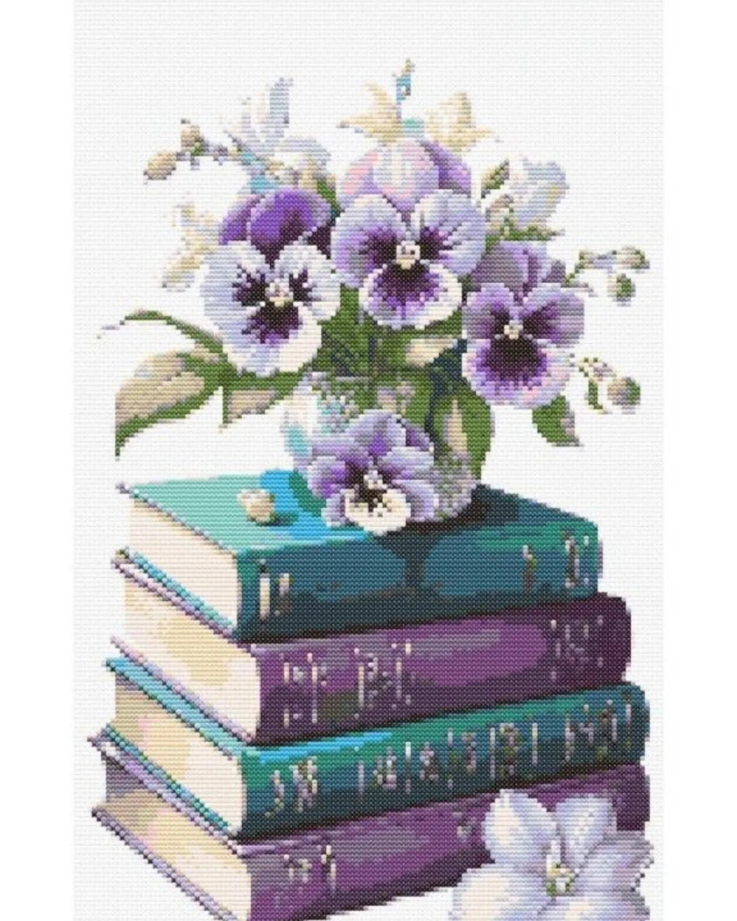 Cross Stitch Pattern Chart: Purple Pansies and Stack of Books