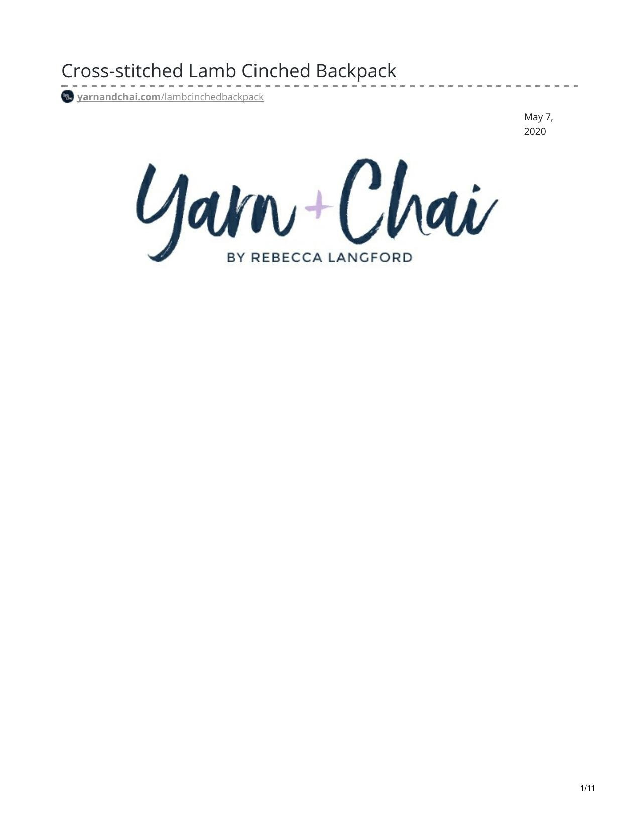 Cross-stitched Lamb Cinched Backpack Pattern by Yarn + Chai