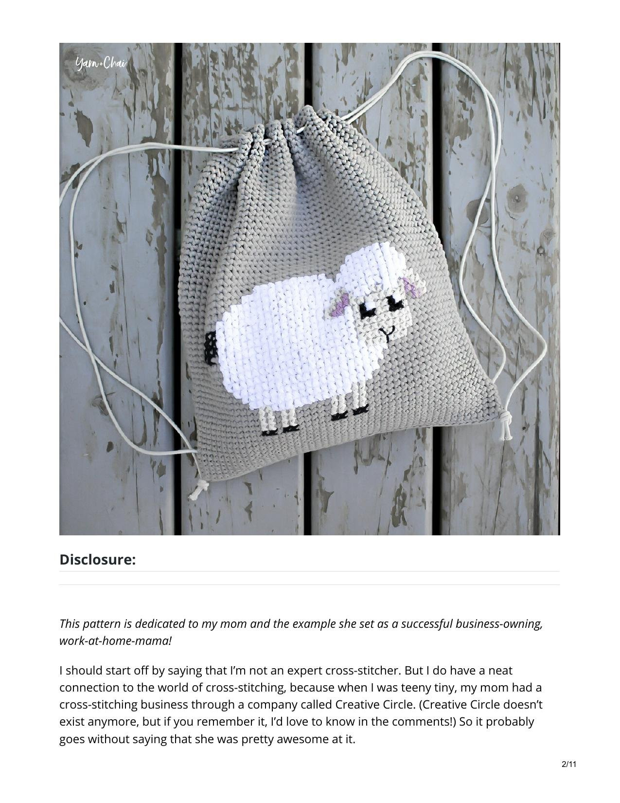 Cross-stitched Lamb Cinched Backpack Pattern by Yarn + Chai